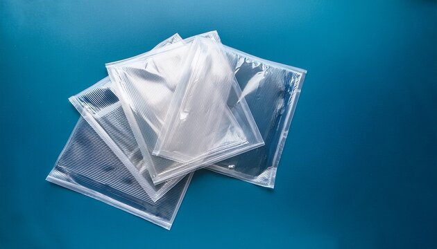 bundle of semi transparent rectangular plastic envelopes isolated in a flat lay composition with smooth sealed edges