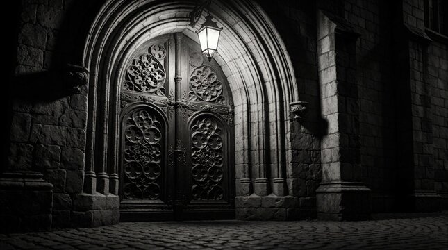 Ancient carved wooden door sits inside stone archway at night. Glowing lantern illuminates dark gothic entrance of old building. Mysterious stone walls with rough texture surround path. Monochrome