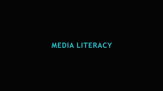 Media literacy text animation on 4k black background, for educational and, digital awareness campaigns