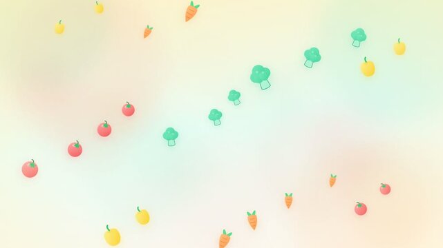 Whimsical pattern of colorful cartoon vegetables and fruits floating on a soft pastel background.
