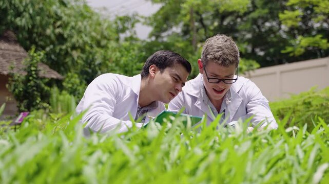 Two white man research biologist in lab coat sitting holding taking notes on clipboard and using magnifying glass to examine growth fungus, aphid, insect, and pests on garden outdoors at organic farm.
