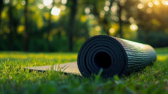 Yoga mat on sunlit grass with blurred trees. AI generated
