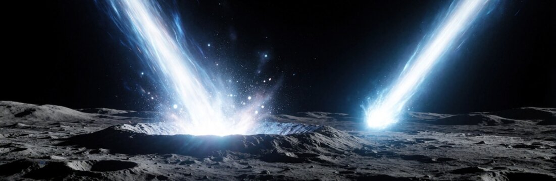 Large meteorites crash into lunar landscape surface. Bright glowing asteroid impact creates massive explosion in deep space. Cosmic debris falls on grey moon crater ground. Science discovery shows