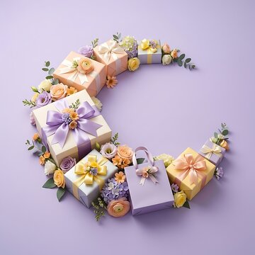 Gift boxes and flowers arranged in a crescent moon shape on a purple background