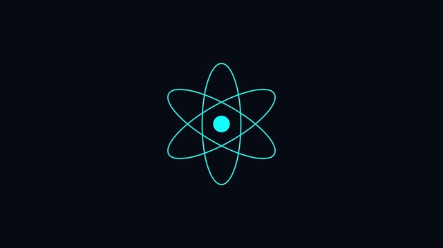 Neon atom symbol spinning animation, glowing science on dark 4k background, for physics and, technology education