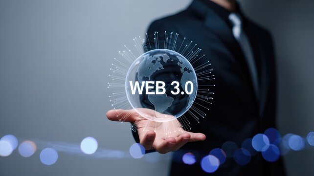 Businessman holding a glowing digital web 3.0 earth globe concept for future internet technology trends