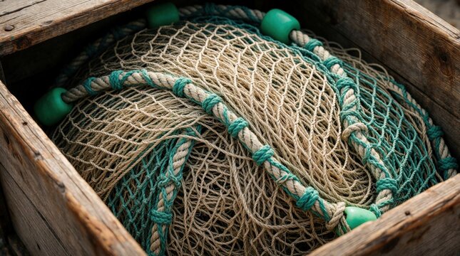Old fishing net inside industrial wooden crate. Weathered rope with green plastic floats rest in rough box. Commercial marine gear equipment stores at harbor dock. Texture of hand woven mesh cord