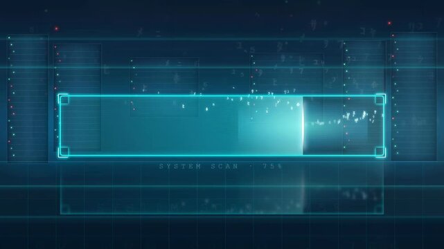 Futuristic digital hud interface showing system scan progress bar with glowing blue data elements