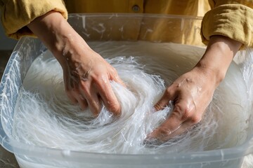 Fototapeta premium Woman hands mix wet paper pulp in clear plastic water container. Person creates handmade eco paper from recycled cellulose fibers. Creative DIY project uses sustainable materials. Craft artist blends