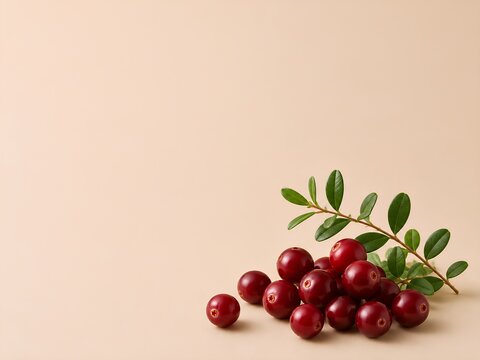 Fresh Berries Background - Cranberry. Fresh red cranberries with green leaves arranged on a light beige background, showcasing their vibrant color and natural texture