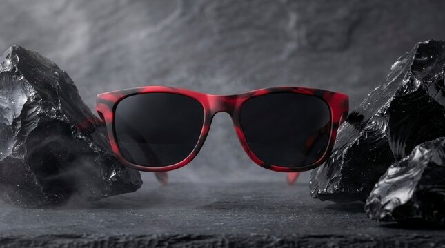 Red patterned sunglasses floating between obsidian stones, dramatic studio lighting with atmospheric smoke.