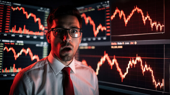 Shocked businessman in formal attire looks at computer screens with red stock market crash charts. Stressed male trader feels panic from financial loss, economy downturn. Digital data graphs show