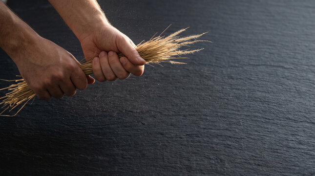 Hands holding a tight bundle of dry Kusha grass