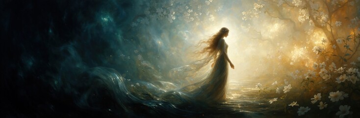 Naklejka premium Goddess Persephone walks from dark underworld into bright spring forest. Ethereal woman in white dress moves through fog towards golden light, blooming flowers. Mythological scene shows rebirth