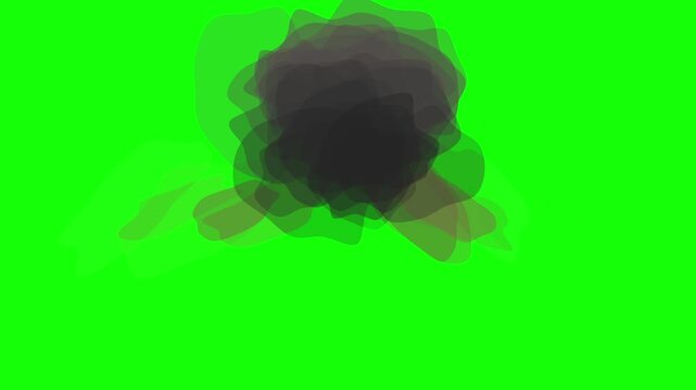 Animated 2D cartoon explosion effect with fiery orange blast, expanding flames, sparks and dispersing dark smoke on a solid green screen background for chroma key motion graphics compositing.
