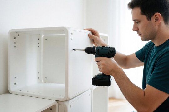 Young man uses power drill to assemble white modular shelf unit at home. Person holds cordless screwdriver fixing wooden board into frame. Focused male worker installs furniture component during room