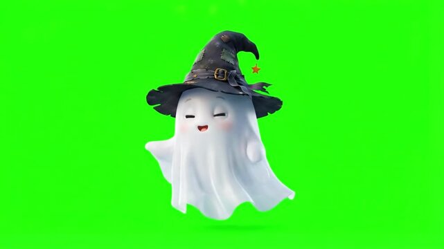 Cute cartoon ghost with witch hat on green screen background