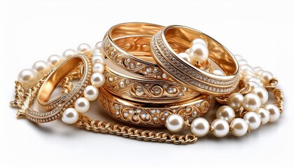 Naklejka premium ornate gold chain and pearl bracelet isolated on white background pile of gold jewelry and pearls isolated on white background