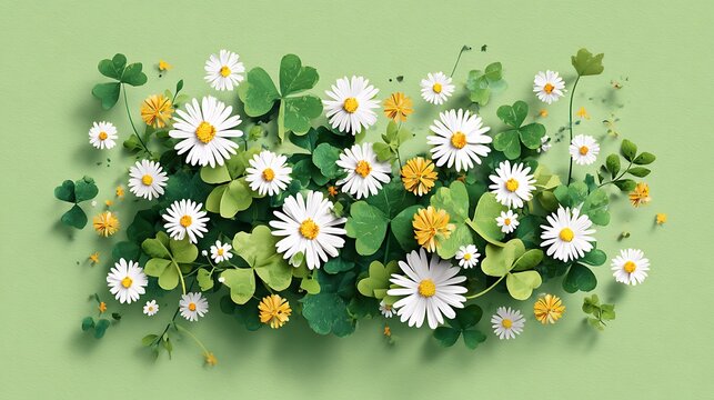 White daisies with yellow centers and green leaves on green background