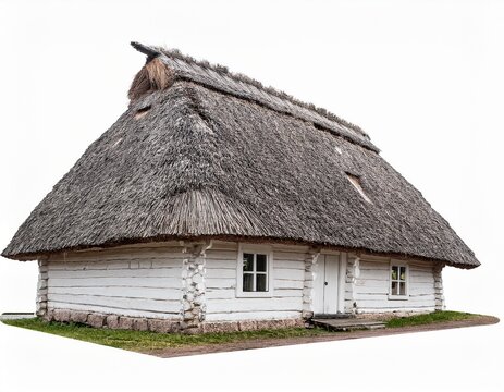 old rustic wooden cottage with thatched roof isolated on white background old thatched roof cottage with white wooden walls isolated on white background