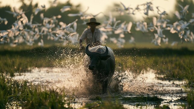 AI generator images of Thai buffalo walking through flooded rice field at golden hour, flock of white egrets flying around, Thai farmer guiding buffalo in muddy water, cinematic sunlight, warm country
