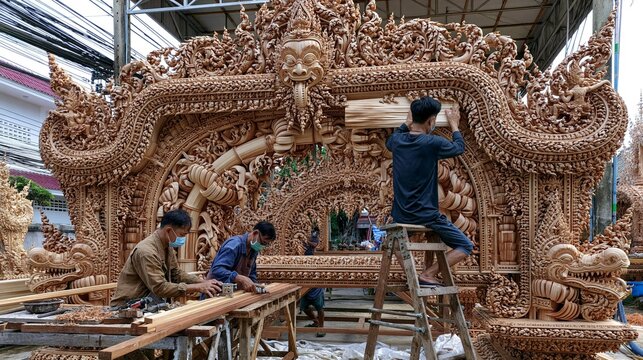 AI generator images of Thai artisans are assembling a magnificent ceremonial arch using intricately carved wooden panels, traditional craft executed by skilled master carvers.