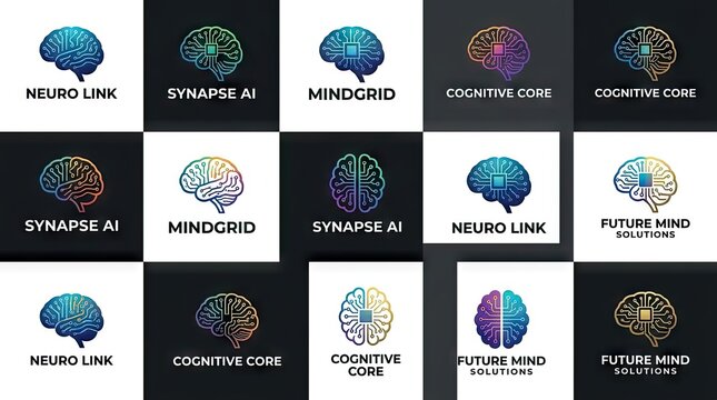 Artificial intelligence brain and neural network logos.