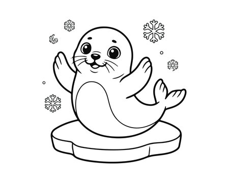 Cute cartoon seal standing on an ice floe with falling snowflakes for a children coloring book page