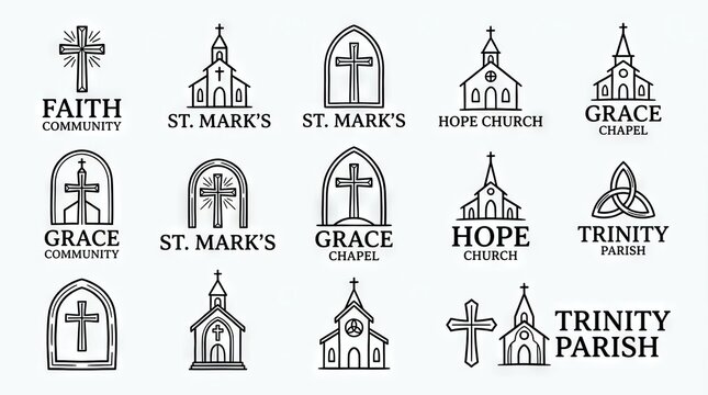 Collection of diverse church logos and religious icons.