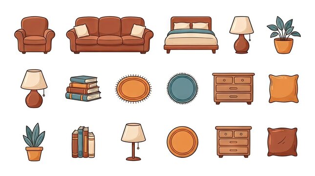 Colorful home furniture and decor icon collection