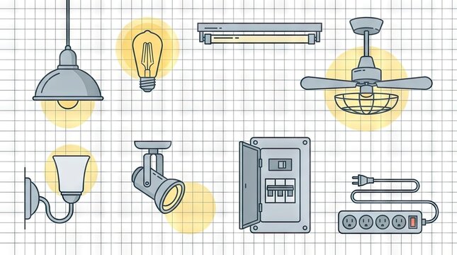 Collection of electrical light fixtures and power components.