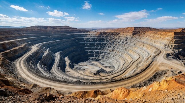 Large open pit mine excavation site with deep terraced benches, dry rocky landscape. Industrial earthworks project extracts minerals from ground under bright blue sky. Massive digging operations
