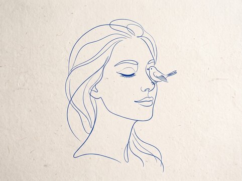 Continuous line art illustration of a woman face with a bird, minimalist