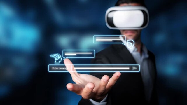 A professional man wearing a virtual reality headset interacts with digital chat bubbles and messaging interface, illustrating modern communication technology. Raster
