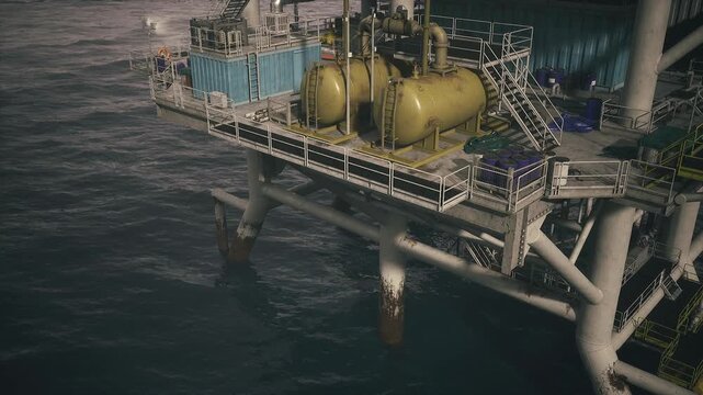 Platform walkway and pipe manifold midday exposed flanges, handrails, service conduits, inspection markers, operational logistics vibe with emphasis on safety