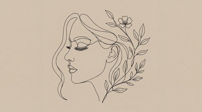 Minimalist line art drawing of young woman profile with floral decoration