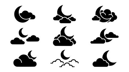  Night weather forecast glyph icon set featuring crescent moon shapes with cloudy skies overcast elements and midnight bedtime meteorology vector symbols © MdShahin