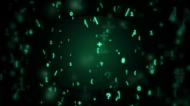 Abstract digital data stream with floating green binary code and symbols on dark background