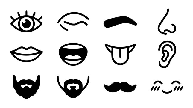  Human facial features line icon set featuring eyes eyebrows nose lips open mouth tongue sticking out ear beard and mustache vector symbols