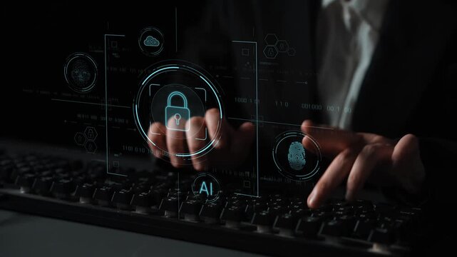 Cybersecurity system interface with biometric lock and data protection. Cybersecurity protects access, identity, cyber security prevents threats, and cyber security supports digital systems. Marrow