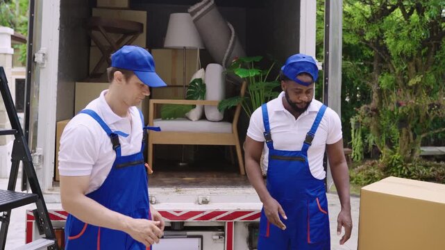 Home moving and delivery service concept. Teamwork of professional home and furniture moving with a truck from business service company. Two male movers in uniforms working and delivering to customer.
