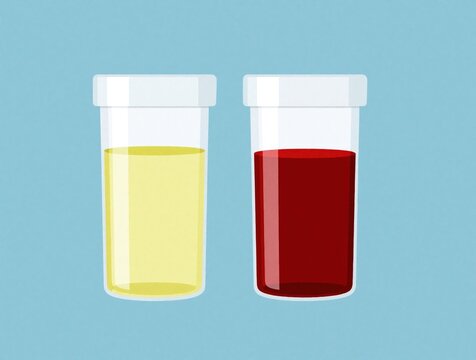 Two medical specimen containers sit against blue background. One cup contains clear yellow urine cup contains dark red blood. Conceptual illustration represents hematuria kidney disease symptoms for