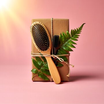Ecofriendly wooden hairbrush and comb packaged in brown paper wrapping with green leaves on pastel pink background