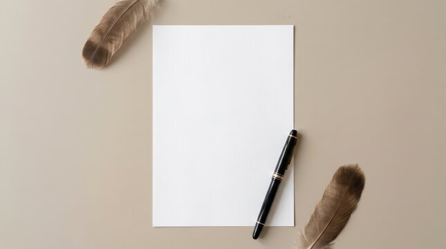 Top view of blank white paper with black pen and brown feathers for copy space.