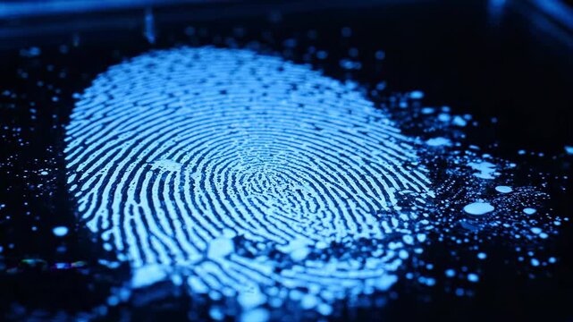 Glowing fingerprint biometric security identification technology cyber digital forensic data protection pattern detail dark background identity