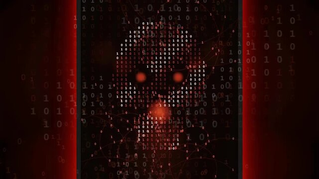 Digital skull formed by binary code raining down on a dark red technological background