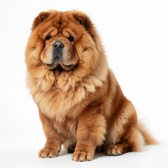 Fototapeta premium Fluffy ginger Chow Chow dog sits centered on white background. Lion-like mane surrounds expressive face with calm eyes. Detailed fur texture. Studio portrait captures pure breed.
