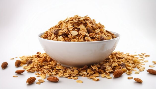 a white bowl filled with crunchy granola spilling over isolated on a white background perfect for breakfast or snack imagery