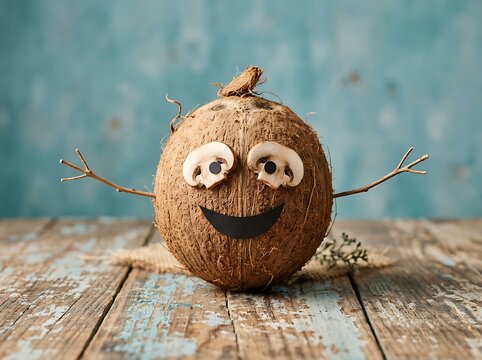 Handmade wooden gnome with happy face and arms raised on rustic wooden planks in soft light
