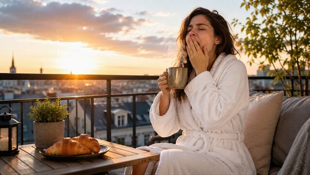 Sleepy Woman Yawning with Morning Coffee on City Balcony During Golden Sunrise